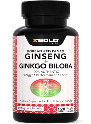 X Gold Health Korean Red Panax Ginseng + Ginkgo Biloba 7% Ginsenoside Extra starke Energie, Gedächtnis, Fokus & Gehirnunterstützung Premium Ergänzung für Männer & Frauen Non-GMO, 120 vegane Kapseln
