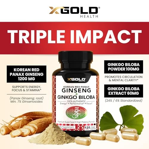 X Gold Health Korean Red Panax Ginseng + Ginkgo Biloba 7% Ginsenoside Extra starke Energie, Gedächtnis, Fokus & Gehirnunterstützung Premium Ergänzung für Männer & Frauen Non-GMO, 120 vegane Kapseln