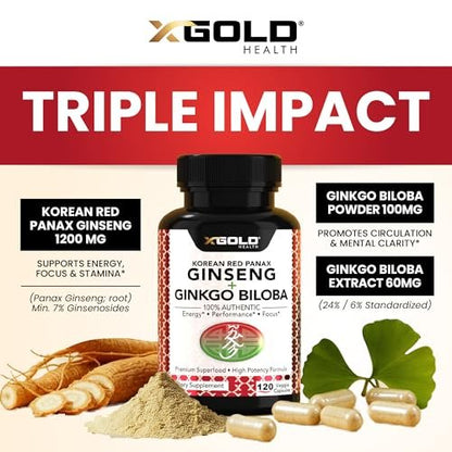 X Gold Health Korean Red Panax Ginseng + Ginkgo Biloba 7% Ginsenoside Extra starke Energie, Gedächtnis, Fokus & Gehirnunterstützung Premium Ergänzung für Männer & Frauen Non-GMO, 120 vegane Kapseln