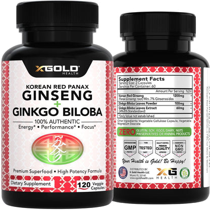 X Gold Health Korean Red Panax Ginseng + Ginkgo Biloba 7% Ginsenoside Extra starke Energie, Gedächtnis, Fokus & Gehirnunterstützung Premium Ergänzung für Männer & Frauen Non-GMO, 120 vegane Kapseln