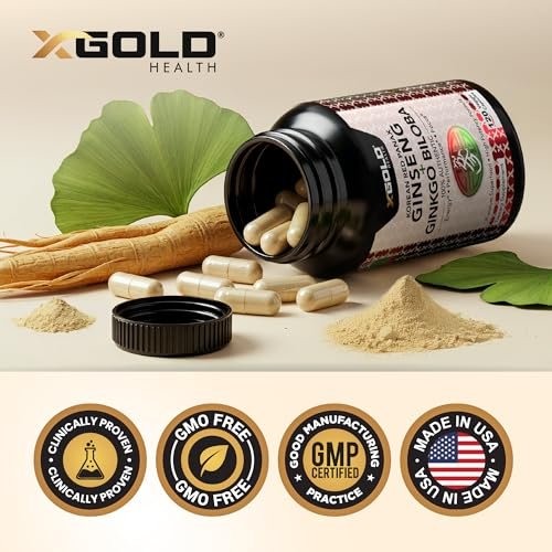 X Gold Health Korean Red Panax Ginseng + Ginkgo Biloba 7% Ginsenoside Extra starke Energie, Gedächtnis, Fokus & Gehirnunterstützung Premium Ergänzung für Männer & Frauen Non-GMO, 120 vegane Kapseln