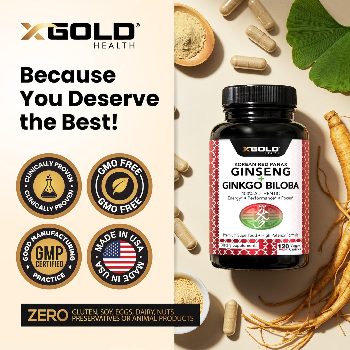 X Gold Health Korean Red Panax Ginseng + Ginkgo Biloba 7% Ginsenoside Extra starke Energie, Gedächtnis, Fokus & Gehirnunterstützung Premium Ergänzung für Männer & Frauen Non-GMO, 120 vegane Kapseln