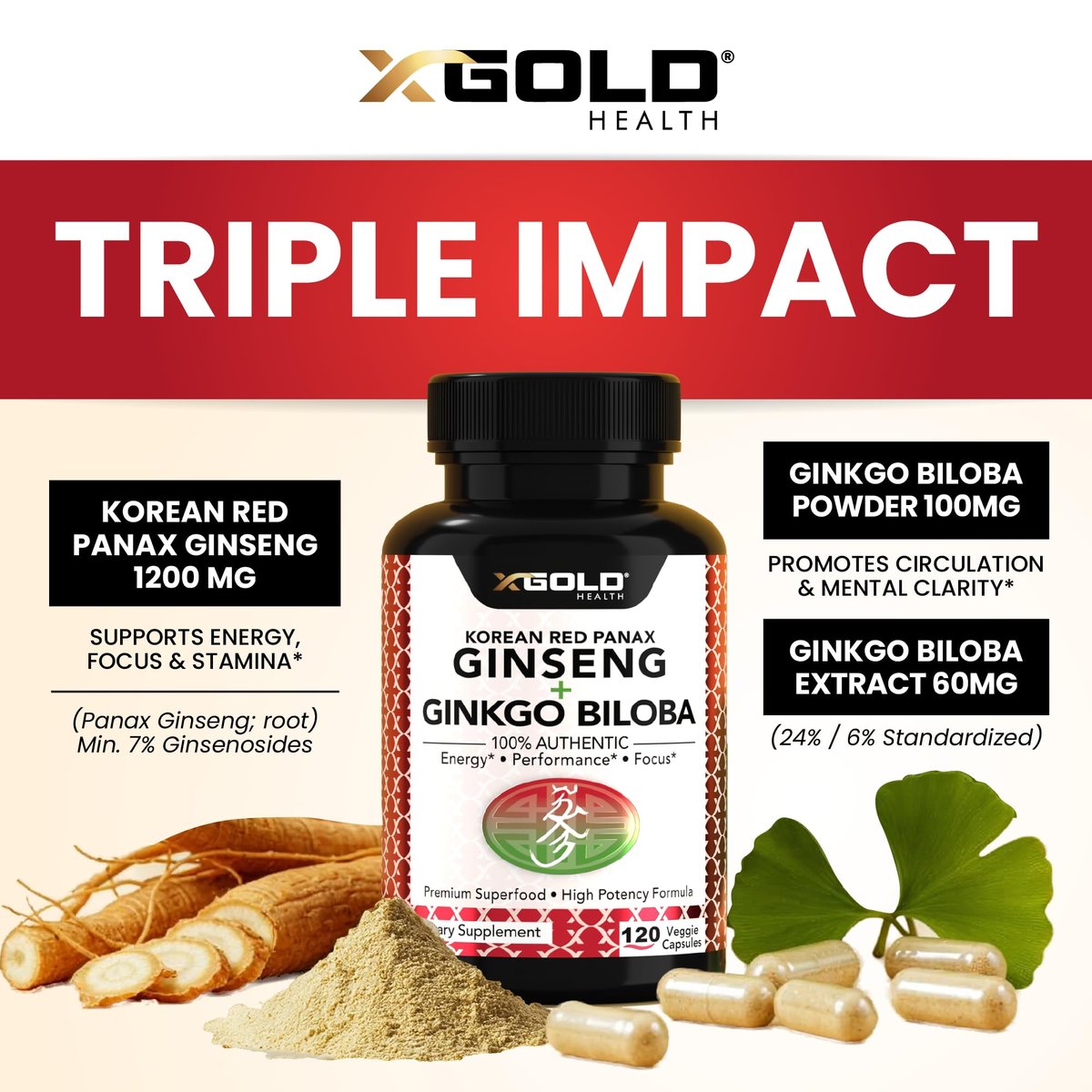 X Gold Health Korean Red Panax Ginseng + Ginkgo Biloba 7% Ginsenoside Extra starke Energie, Gedächtnis, Fokus & Gehirnunterstützung Premium Ergänzung für Männer & Frauen Non-GMO, 120 vegane Kapseln