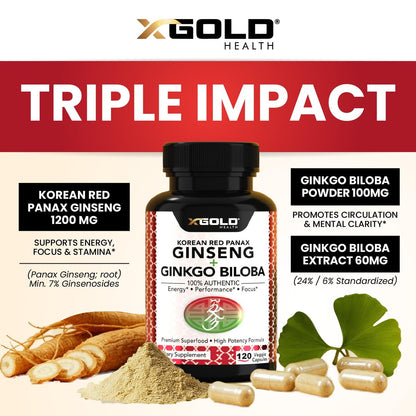 X Gold Health Korean Red Panax Ginseng + Ginkgo Biloba 7% Ginsenoside Extra starke Energie, Gedächtnis, Fokus & Gehirnunterstützung Premium Ergänzung für Männer & Frauen Non-GMO, 120 vegane Kapseln