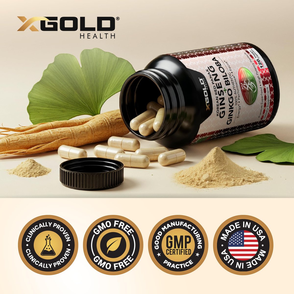 X Gold Health Korean Red Panax Ginseng + Ginkgo Biloba 7% Ginsenoside Extra starke Energie, Gedächtnis, Fokus & Gehirnunterstützung Premium Ergänzung für Männer & Frauen Non-GMO, 120 vegane Kapseln