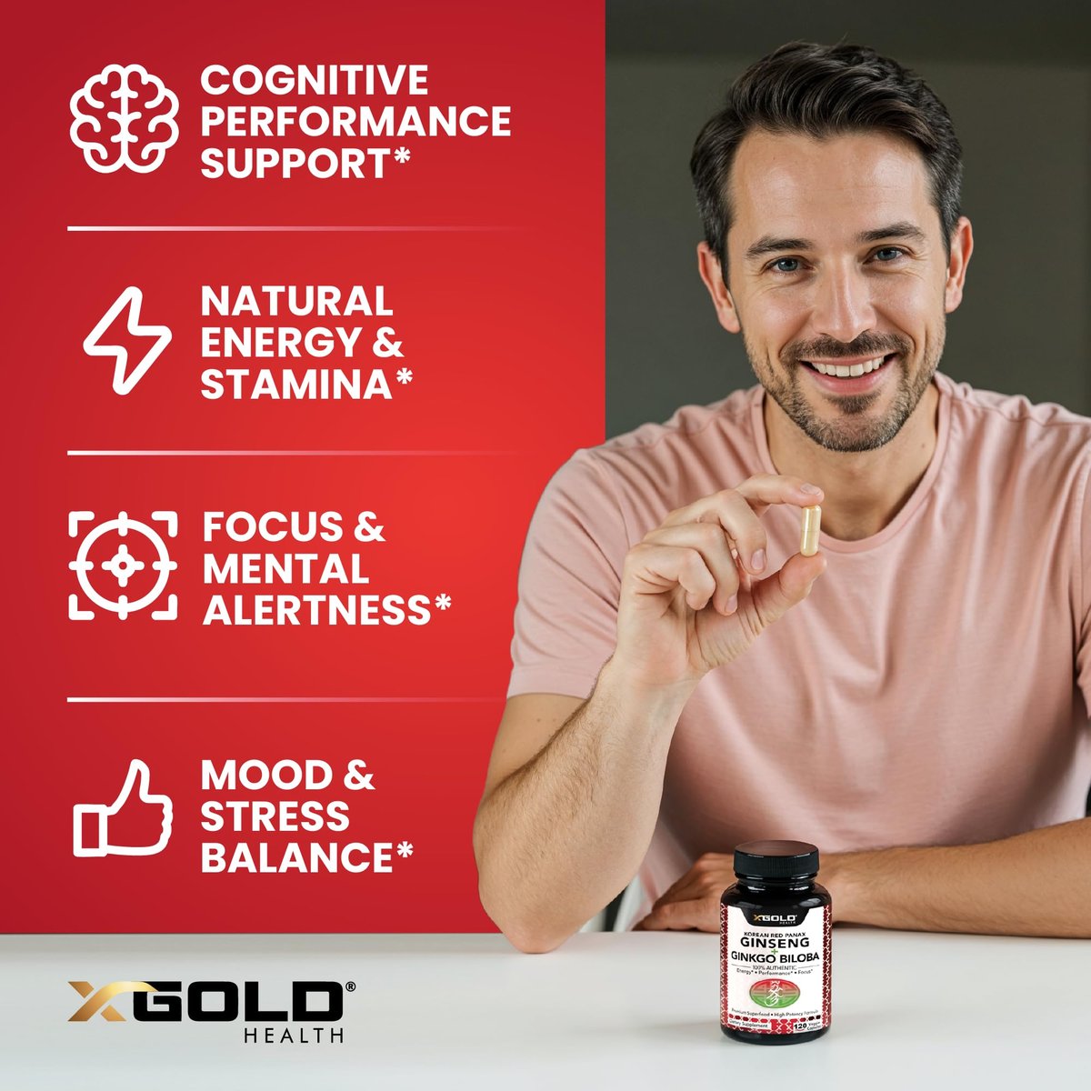 X Gold Health Korean Red Panax Ginseng + Ginkgo Biloba 7% Ginsenoside Extra starke Energie, Gedächtnis, Fokus & Gehirnunterstützung Premium Ergänzung für Männer & Frauen Non-GMO, 120 vegane Kapseln