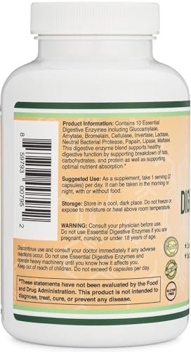 Verdauungsenzyme - 800mg Mischung aller 10 wichtigsten Verdauungs- und Pankreasenzyme (Amylase, Lipase, Bromelain, Lactase, Papain, Protease, Cellulase, Maltase, Invertase) von Double Wood