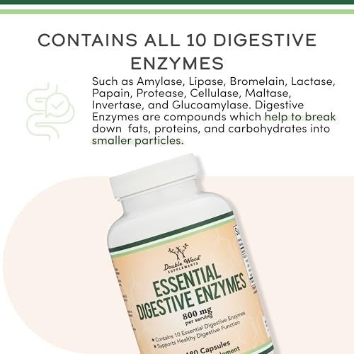 Verdauungsenzyme - 800mg Mischung aller 10 wichtigsten Verdauungs- und Pankreasenzyme (Amylase, Lipase, Bromelain, Lactase, Papain, Protease, Cellulase, Maltase, Invertase) von Double Wood