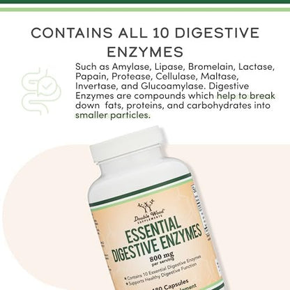 Verdauungsenzyme - 800mg Mischung aller 10 wichtigsten Verdauungs- und Pankreasenzyme (Amylase, Lipase, Bromelain, Lactase, Papain, Protease, Cellulase, Maltase, Invertase) von Double Wood