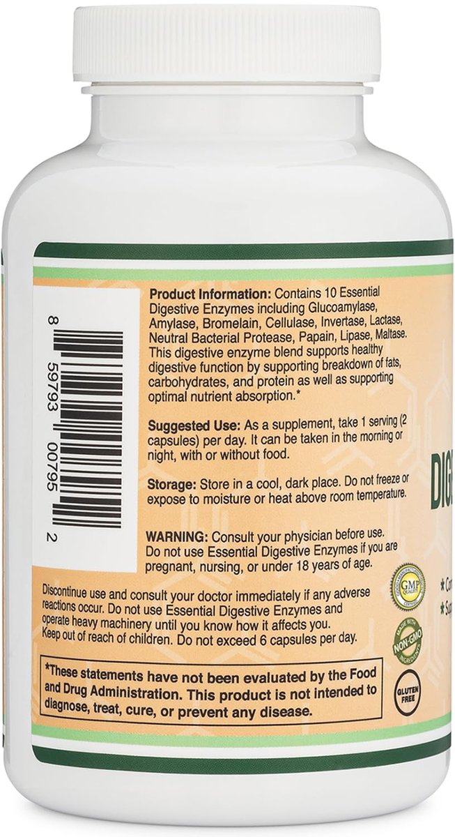 Verdauungsenzyme - 800mg Mischung aller 10 wichtigsten Verdauungs- und Pankreasenzyme (Amylase, Lipase, Bromelain, Lactase, Papain, Protease, Cellulase, Maltase, Invertase) von Double Wood