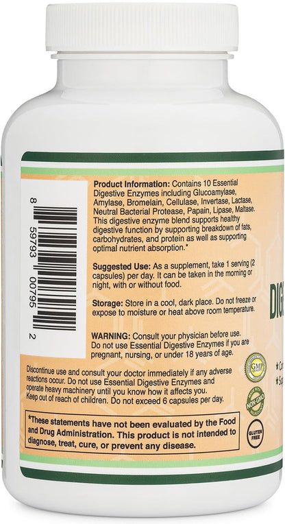 Verdauungsenzyme - 800mg Mischung aller 10 wichtigsten Verdauungs- und Pankreasenzyme (Amylase, Lipase, Bromelain, Lactase, Papain, Protease, Cellulase, Maltase, Invertase) von Double Wood