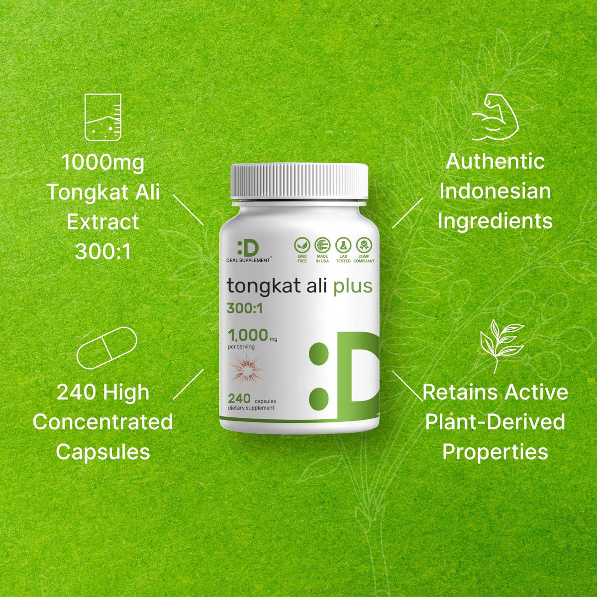 Tongkat Ali Extrakt 300:1 mit Bockshornklee 1.100 mg – Indonesischer Longjack Eurycoma Longifolia Wurzel – Extra starkes pflanzliches Nahrungsergänzungsmittel für Energie