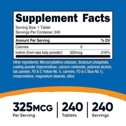 Nutricost Jod (Natürliches Jod aus Seetang) 325 mcg, 240 Tabletten – Non-GMO, Glutenfrei