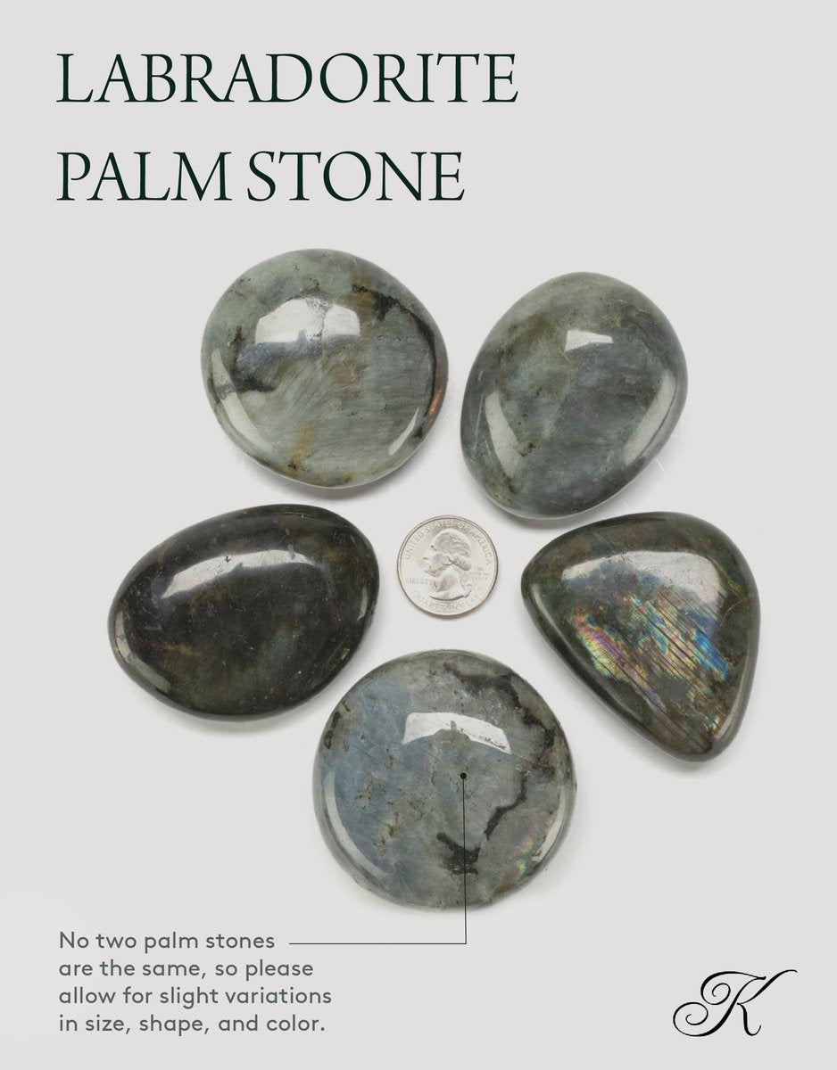 KALIFANO Palmstein mit heilender & beruhigender Wirkung - AAA+ Grade High Energy Sorgenstein mit Infokarte - Reiki-Kristall für Mut (Familienbetrieb) (Labradorit)