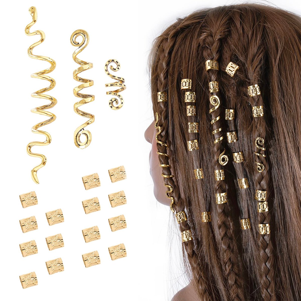 FRDTLUTHW 18-teiliges Haar-Accessoire-Set für Braids und Dreadlocks – Goldene Metall-Haarspangen und Dreadlock-Perlen (Verschiedene Stile)