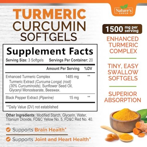 Turmeric Curcumin Komplex mit BioPerin Schwarzer Pfeffer Extrakt – Hochdosiert mit 1500 mg Curcuminoide für natürliche Gelenkunterstützung – Antioxidans Kräuterergänzung für Frauen & Männer, Non-GMO – 60 Softgels