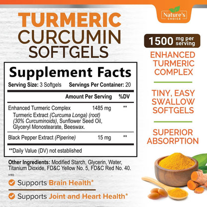 Turmeric Curcumin Komplex mit BioPerin Schwarzer Pfeffer Extrakt – Hochdosiert mit 1500 mg Curcuminoide für natürliche Gelenkunterstützung – Antioxidans Kräuterergänzung für Frauen & Männer, Non-GMO – 60 Softgels