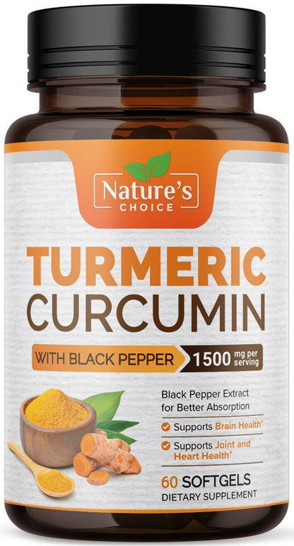 Turmeric Curcumin Komplex mit BioPerin Schwarzer Pfeffer Extrakt – Hochdosiert mit 1500 mg Curcuminoide für natürliche Gelenkunterstützung – Antioxidans Kräuterergänzung für Frauen & Männer, Non-GMO – 60 Softgels