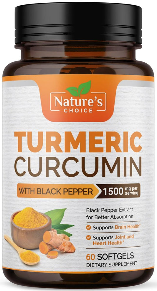 Turmeric Curcumin Komplex mit BioPerin Schwarzer Pfeffer Extrakt – Hochdosiert mit 1500 mg Curcuminoide für natürliche Gelenkunterstützung – Antioxidans Kräuterergänzung für Frauen & Männer, Non-GMO – 60 Softgels
