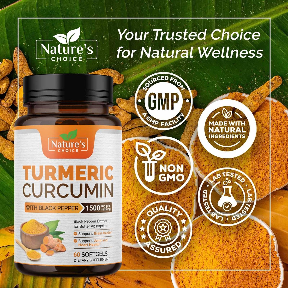 Turmeric Curcumin Komplex mit BioPerin Schwarzer Pfeffer Extrakt – Hochdosiert mit 1500 mg Curcuminoide für natürliche Gelenkunterstützung – Antioxidans Kräuterergänzung für Frauen & Männer, Non-GMO – 60 Softgels