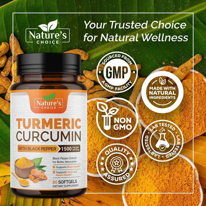 Turmeric Curcumin Komplex mit BioPerin Schwarzer Pfeffer Extrakt – Hochdosiert mit 1500 mg Curcuminoide für natürliche Gelenkunterstützung – Antioxidans Kräuterergänzung für Frauen & Männer, Non-GMO – 60 Softgels