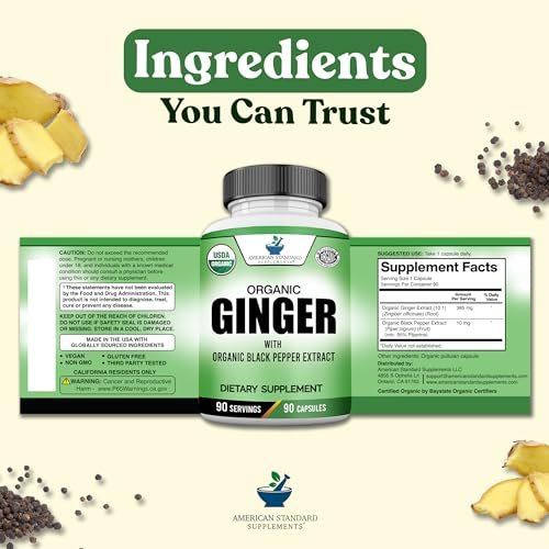 American Standard Supplements Bio Ingwer Extrakt mit Bio Schwarzer Pfeffer Extrakt, Vegan, Glutenfrei, Nicht-GVO, 90 Kapseln, 90 Portionen