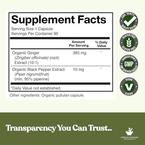 American Standard Supplements Bio Ingwer Extrakt mit Bio Schwarzer Pfeffer Extrakt, Vegan, Glutenfrei, Nicht-GVO, 90 Kapseln, 90 Portionen