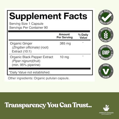American Standard Supplements Bio Ingwer Extrakt mit Bio Schwarzer Pfeffer Extrakt, Vegan, Glutenfrei, Nicht-GVO, 90 Kapseln, 90 Portionen