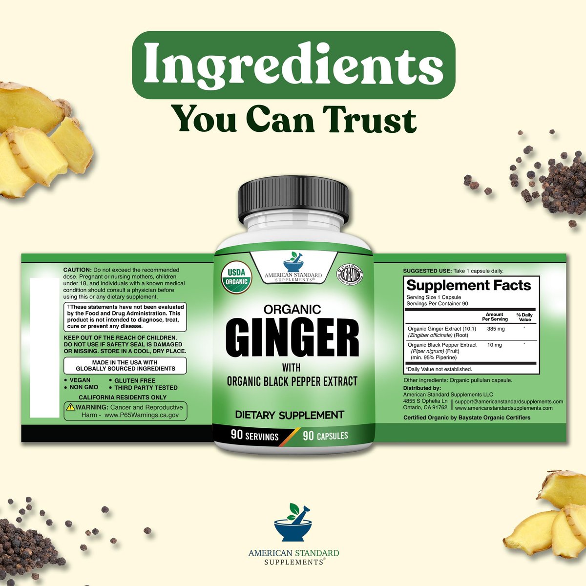 American Standard Supplements Bio Ingwer Extrakt mit Bio Schwarzer Pfeffer Extrakt, Vegan, Glutenfrei, Nicht-GVO, 90 Kapseln, 90 Portionen