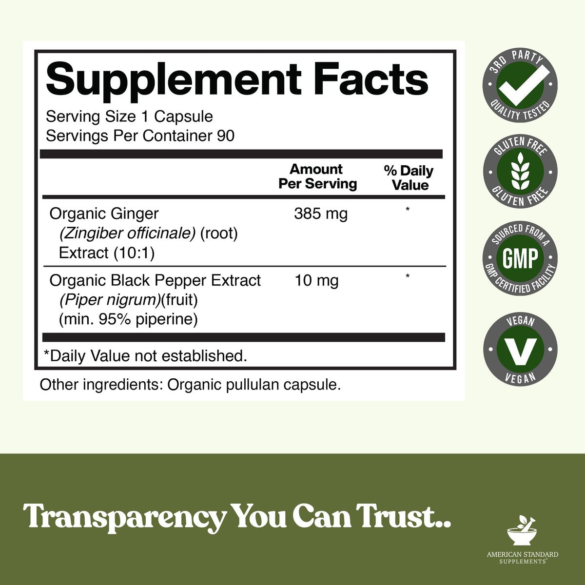 American Standard Supplements Bio Ingwer Extrakt mit Bio Schwarzer Pfeffer Extrakt, Vegan, Glutenfrei, Nicht-GVO, 90 Kapseln, 90 Portionen