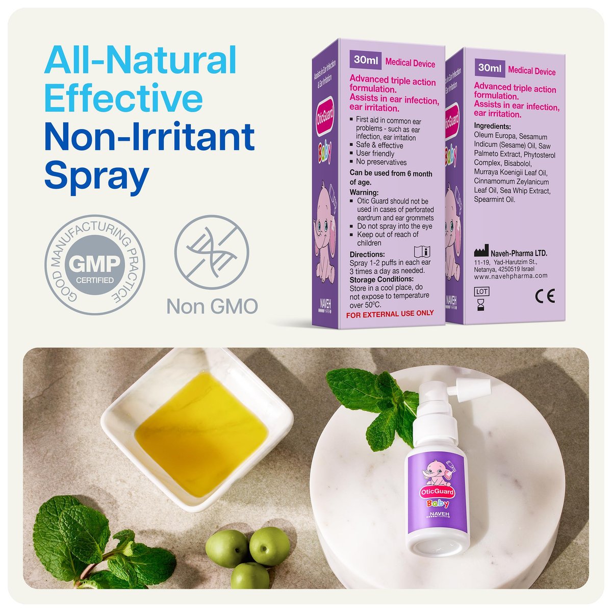 NAVEH PHARMA Otic Guard Baby Ohrentropfen – Natürliches Ohrenöl für sanfte Ohrenreinigung & Ohrenschmalzentfernung bei Babys, Kleinkindern & Kindern – Lindert juckende Ohren & Badeohr