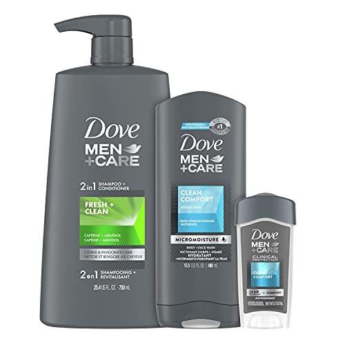 DOVE MEN + CARE Pflegeset für Männer: 2-in-1 Shampoo & Conditioner, Duschgel & Antitranspirant Deodorant – 3-teiliges Set, 12,97 Fl Oz