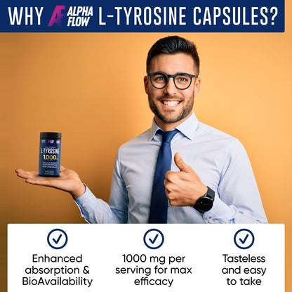 Alpha Flow L-Tyrosin 1000mg Kapseln - Natürlicher Fokus- und Energie-Booster - Nicht-GVO & Glutenfrei - Vegan - 150 Kapseln (500mg x 2 pro Portion)