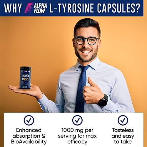 Alpha Flow L-Tyrosin 1000mg Kapseln - Natürlicher Fokus- und Energie-Booster - Nicht-GVO & Glutenfrei - Vegan - 150 Kapseln (500mg x 2 pro Portion)