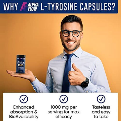 Alpha Flow L-Tyrosin 1000mg Kapseln - Natürlicher Fokus- und Energie-Booster - Nicht-GVO & Glutenfrei - Vegan - 150 Kapseln (500mg x 2 pro Portion)