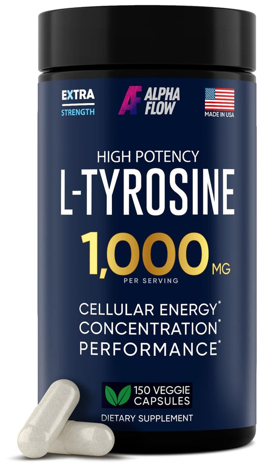 Alpha Flow L-Tyrosin 1000mg Kapseln - Natürlicher Fokus- und Energie-Booster - Nicht-GVO & Glutenfrei - Vegan - 150 Kapseln (500mg x 2 pro Portion)