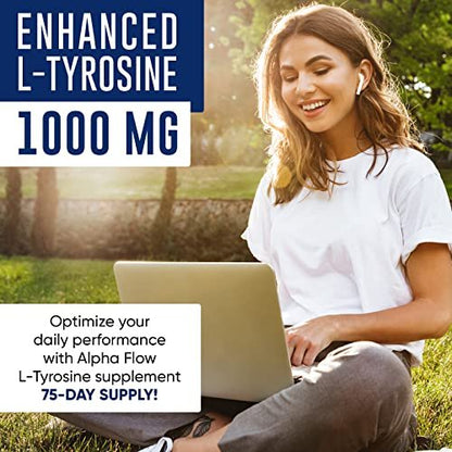 Alpha Flow L-Tyrosin 1000mg Kapseln - Natürlicher Fokus- und Energie-Booster - Nicht-GVO & Glutenfrei - Vegan - 150 Kapseln (500mg x 2 pro Portion)
