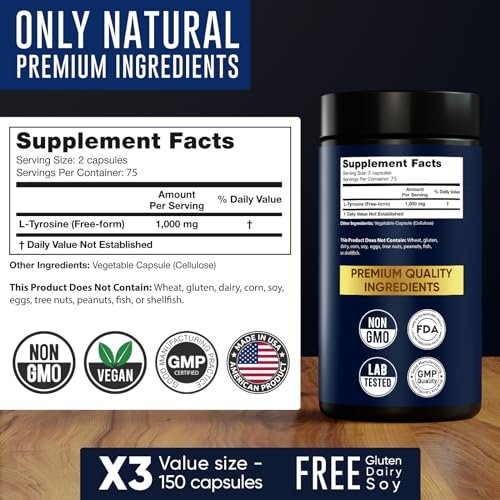 Alpha Flow L-Tyrosin 1000mg Kapseln - Natürlicher Fokus- und Energie-Booster - Nicht-GVO & Glutenfrei - Vegan - 150 Kapseln (500mg x 2 pro Portion)