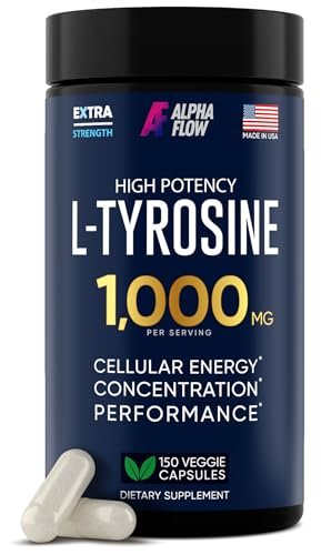 Alpha Flow L-Tyrosin 1000mg Kapseln - Natürlicher Fokus- und Energie-Booster - Nicht-GVO & Glutenfrei - Vegan - 150 Kapseln (500mg x 2 pro Portion)