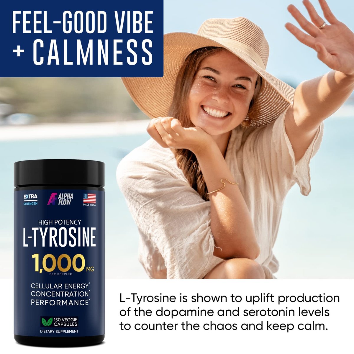 Alpha Flow L-Tyrosin 1000mg Kapseln - Natürlicher Fokus- und Energie-Booster - Nicht-GVO & Glutenfrei - Vegan - 150 Kapseln (500mg x 2 pro Portion)