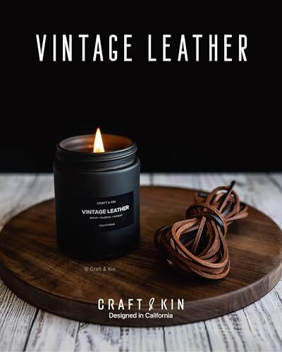 Craft & Kin Premium Vintage Lederkerze | Schwarze Duftkerzen für Männer | Langanhaltend mit 45 Stunden Brenndauer, 7,6 oz | Sojakerzen | Aromatherapie zu Hause | Geschenke für Männer