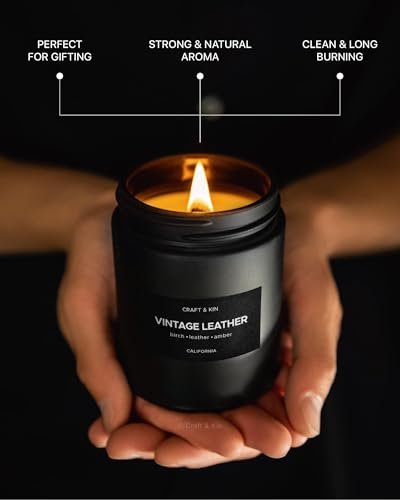 Craft & Kin Premium Vintage Lederkerze | Schwarze Duftkerzen für Männer | Langanhaltend mit 45 Stunden Brenndauer, 7,6 oz | Sojakerzen | Aromatherapie zu Hause | Geschenke für Männer