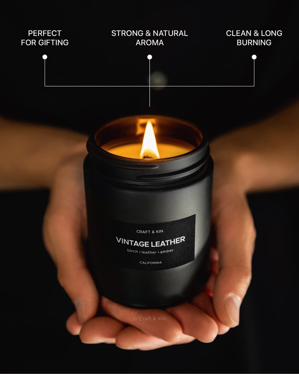 Craft & Kin Premium Vintage Lederkerze | Schwarze Duftkerzen für Männer | Langanhaltend mit 45 Stunden Brenndauer, 7,6 oz | Sojakerzen | Aromatherapie zu Hause | Geschenke für Männer