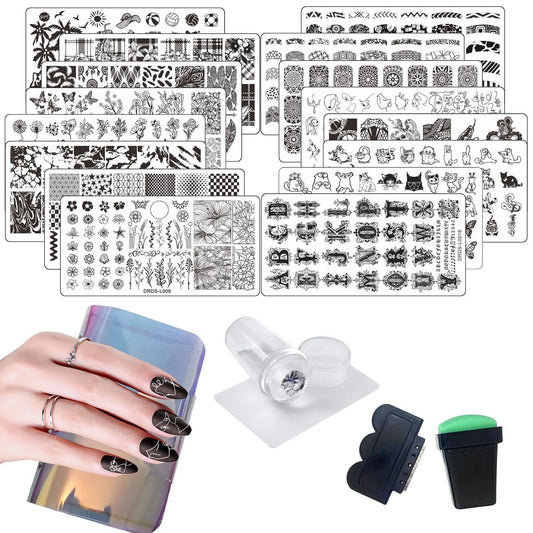 VNC 21-teiliges Nagelstempel-Set – 16 Stempelplatten, 2 Stempel, 2 Schaber, Aufbewahrungstasche – Blätter, Blumen, Tiermotive – Edelstahl