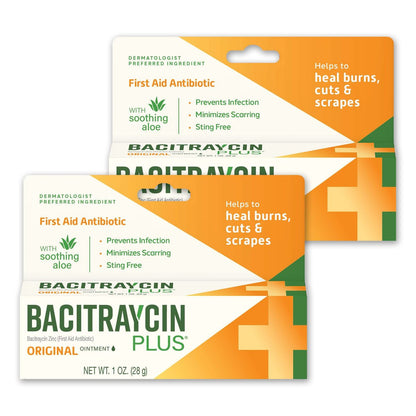 Bacitraycin Plus Erste-Hilfe-Antibiotikum-Salbe – Wundheilungssalbe für kleine Schnitte, Schürfwunden und Verbrennungen mit Bacitracin Zink und feuchtigkeitsspendender Aloe Vera, Original, 1 oz, 2er-Pack