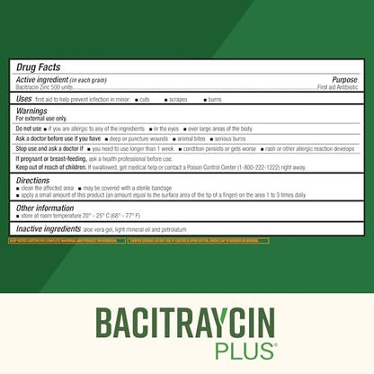 Bacitraycin Plus Erste-Hilfe-Antibiotikum-Salbe – Wundheilungssalbe für kleine Schnitte, Schürfwunden und Verbrennungen mit Bacitracin Zink und feuchtigkeitsspendender Aloe Vera, Original, 1 oz, 2er-Pack