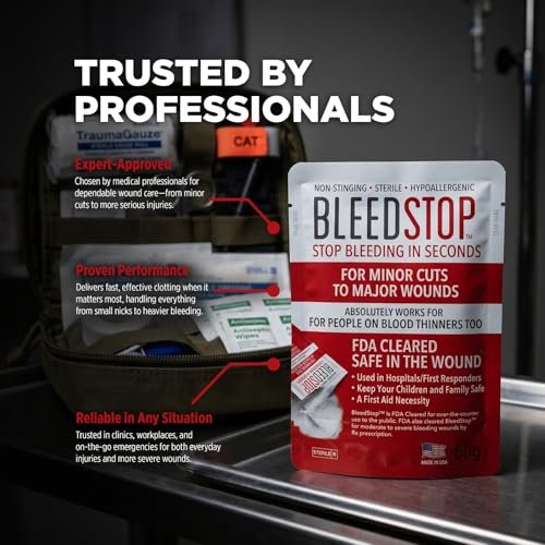 BleedStop™ Blutstillendes Pulver für Blutgerinnung, Traumakit, für Patienten mit Blutverdünnern, Camping-Sicherheit und Überlebensausrüstung für mittelschwere bis schwere blutende Wunden oder Nasenbluten – 4 Beutel à 15 g