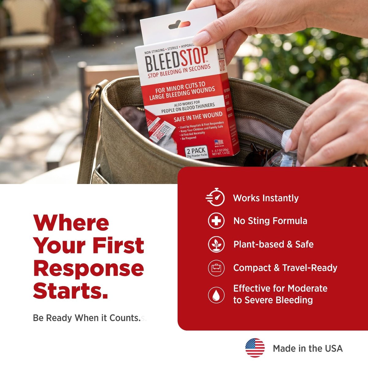 BleedStop™ Blutstillendes Pulver für Blutgerinnung, Traumakit, für Patienten mit Blutverdünnern, Camping-Sicherheit und Überlebensausrüstung für mittelschwere bis schwere blutende Wunden oder Nasenbluten – 4 Beutel à 15 g