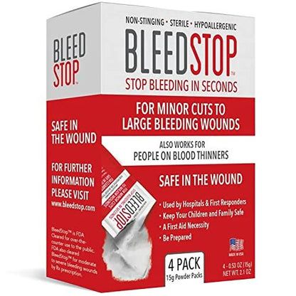 BleedStop™ Blutstillendes Pulver für Blutgerinnung, Traumakit, für Patienten mit Blutverdünnern, Camping-Sicherheit und Überlebensausrüstung für mittelschwere bis schwere blutende Wunden oder Nasenbluten – 4 Beutel à 15 g