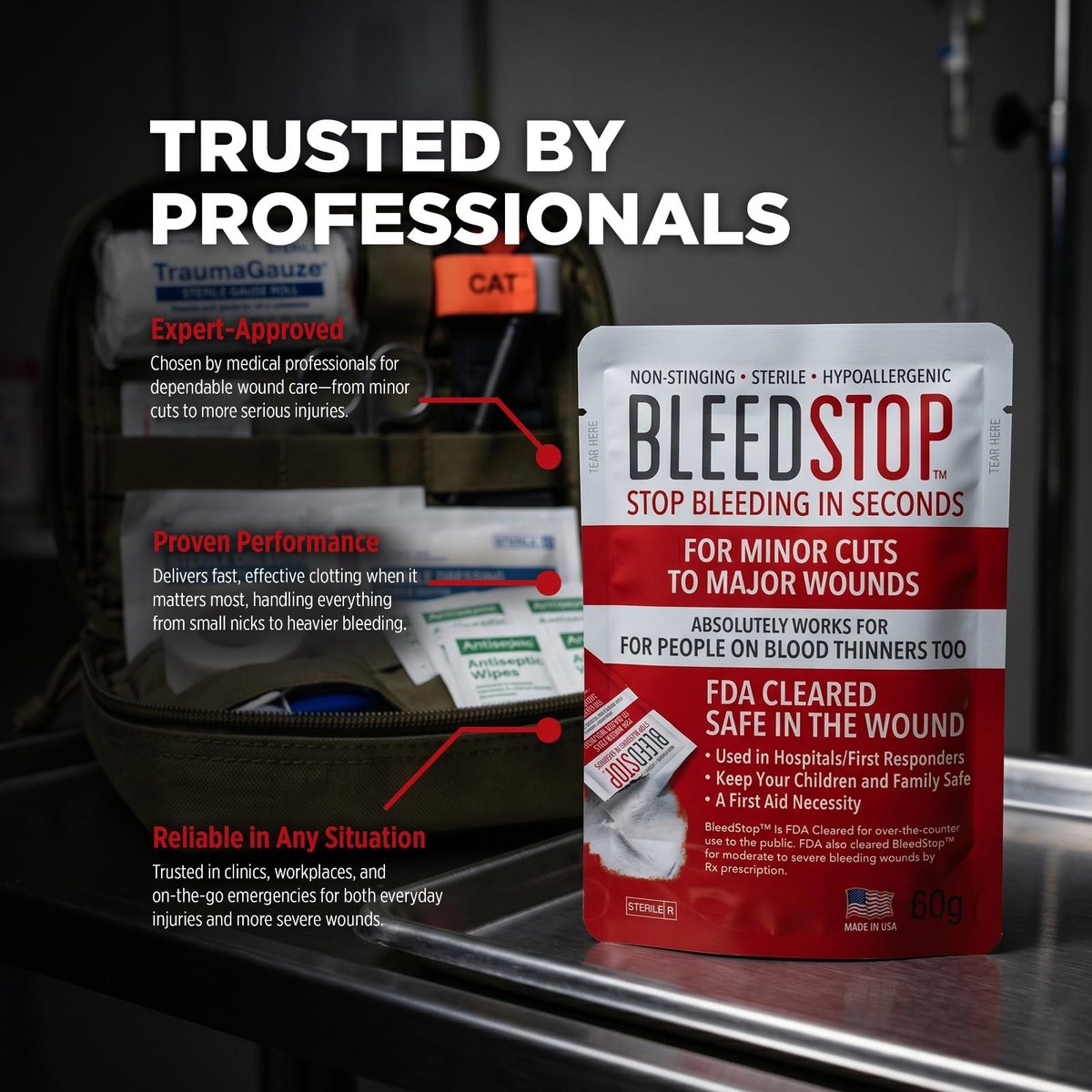 BleedStop™ Blutstillendes Pulver für Blutgerinnung, Traumakit, für Patienten mit Blutverdünnern, Camping-Sicherheit und Überlebensausrüstung für mittelschwere bis schwere blutende Wunden oder Nasenbluten – 4 Beutel à 15 g